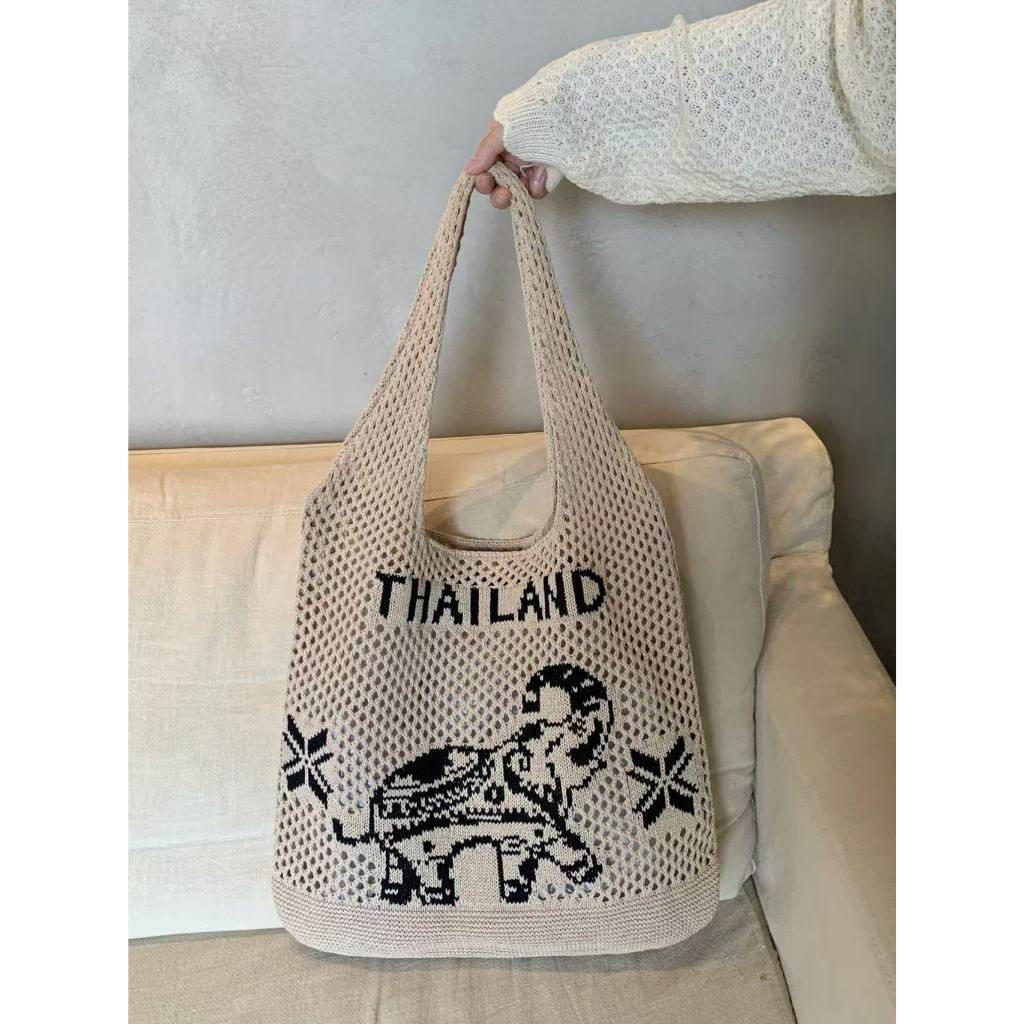 Elephant Pattern Woven Shoulder Bag – Handmade Cotton Rope Tote for Women | 38cm x 40cm with 30cm Strap One-Sake.com khaki white white off white-white off-khaki-