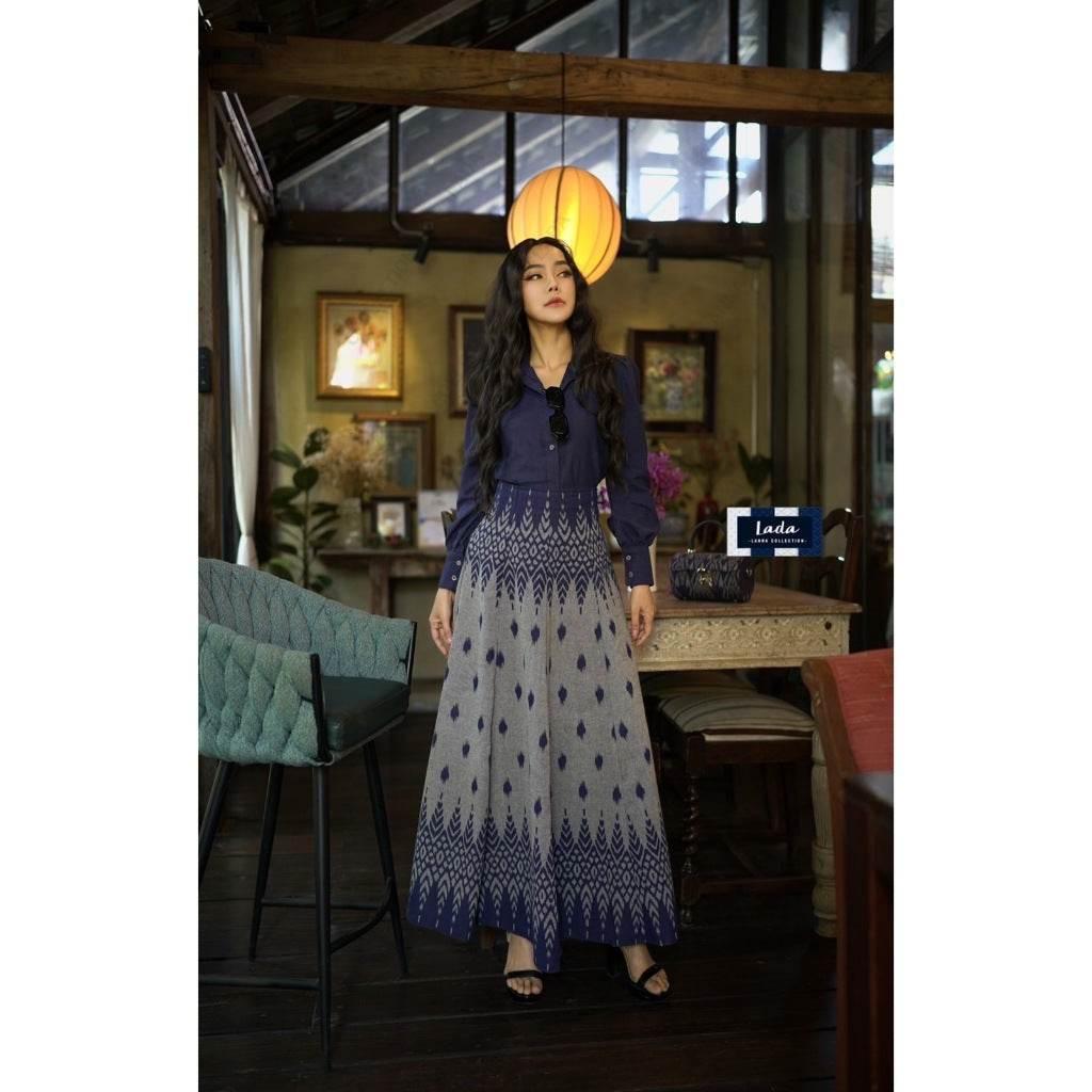 Navy Long Sleeve Shirt Skirt Set in Indigo Double-Tone Traditional Lanna Cotton Fabric | Sizes S–XL for Women