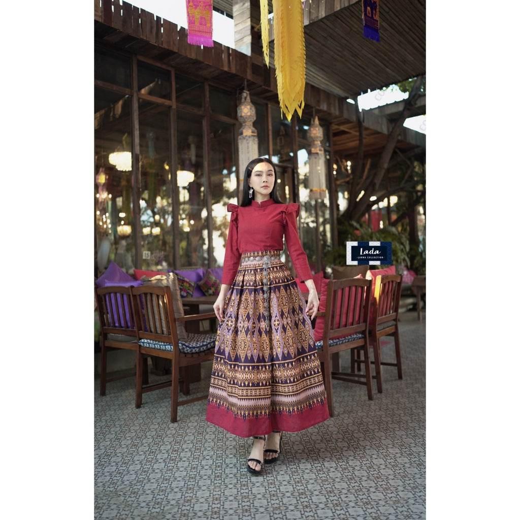 New Lanna Cotton Blouse and Skirt Set - Long Sleeve Blouse and Tie-Dye Pleated Skirt in 4 Colors แดง