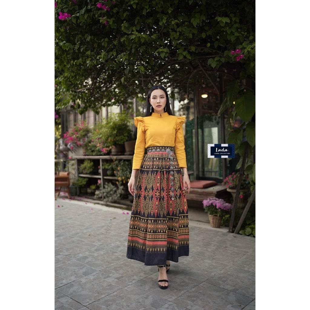 New Lanna Cotton Blouse and Skirt Set - Long Sleeve Blouse and Tie-Dye Pleated Skirt in 4 Colors ดำ