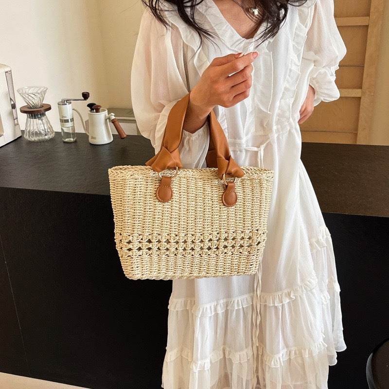 Premium Handwoven Tote Bag for Women – 20x29cm with Genuine Leather Handles | High-End Crafted Design for Styling &amp; Photoshoots One-Sake.com khaki whit off khaki-whit off-