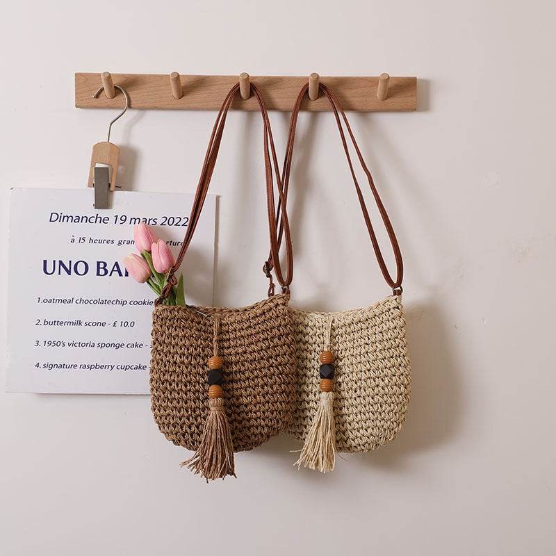 New Retro Tassel Woven Crossbody Bag for Women – Leather Strap &amp; Zip Closure | Cotton Rope Vintage Style Shoulder Bag 25cm Width One-Sake.com khaki white off khaki-white off-