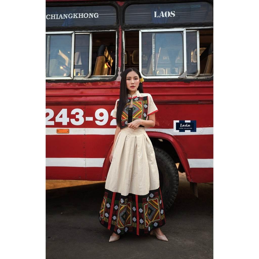 New Black Thai Pattern Cotton Set - Mandarin Collar Top & Skirt in Cream & Black | Women's Sizes S–XL ครีม