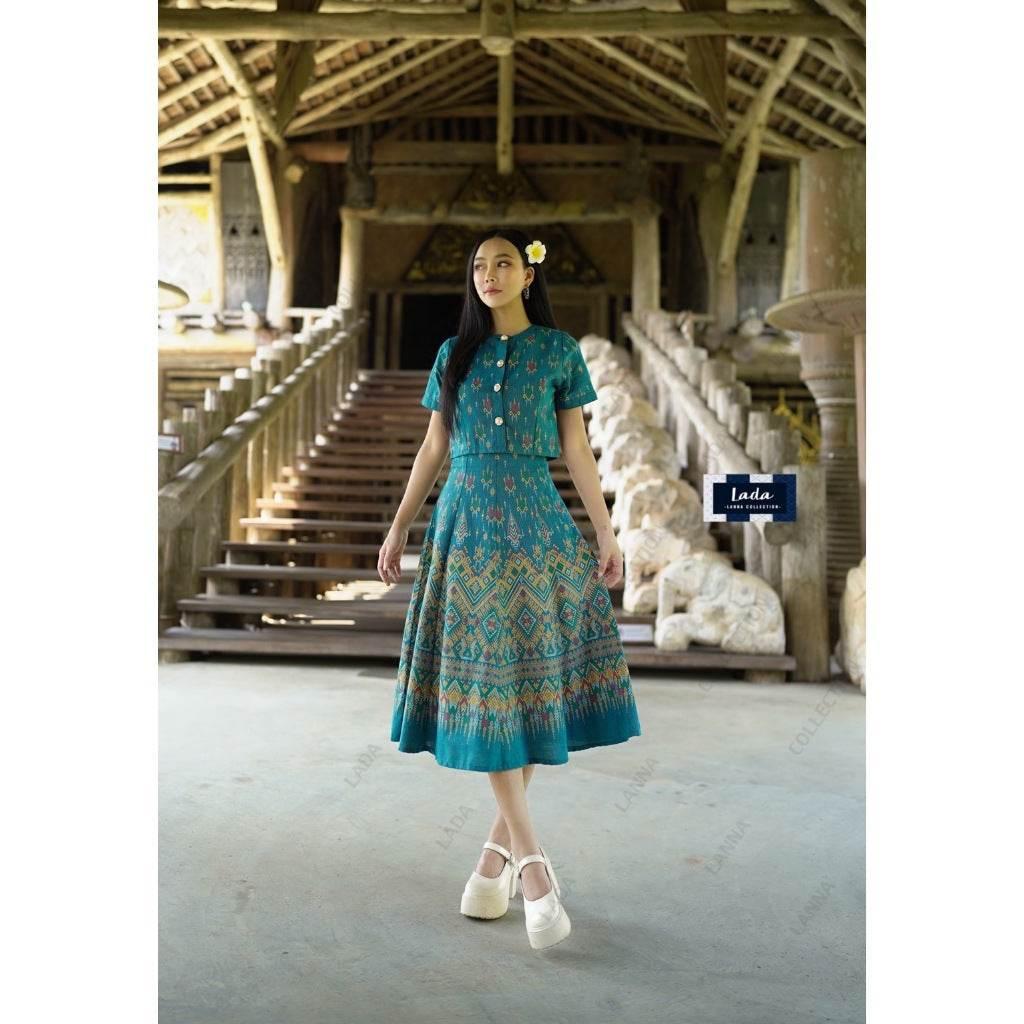 New Crop Top and Skirt Set with Pearl Buttons - 8-Piece Praewa Print Green Cotton Outfit for Women in S–XL Sizes