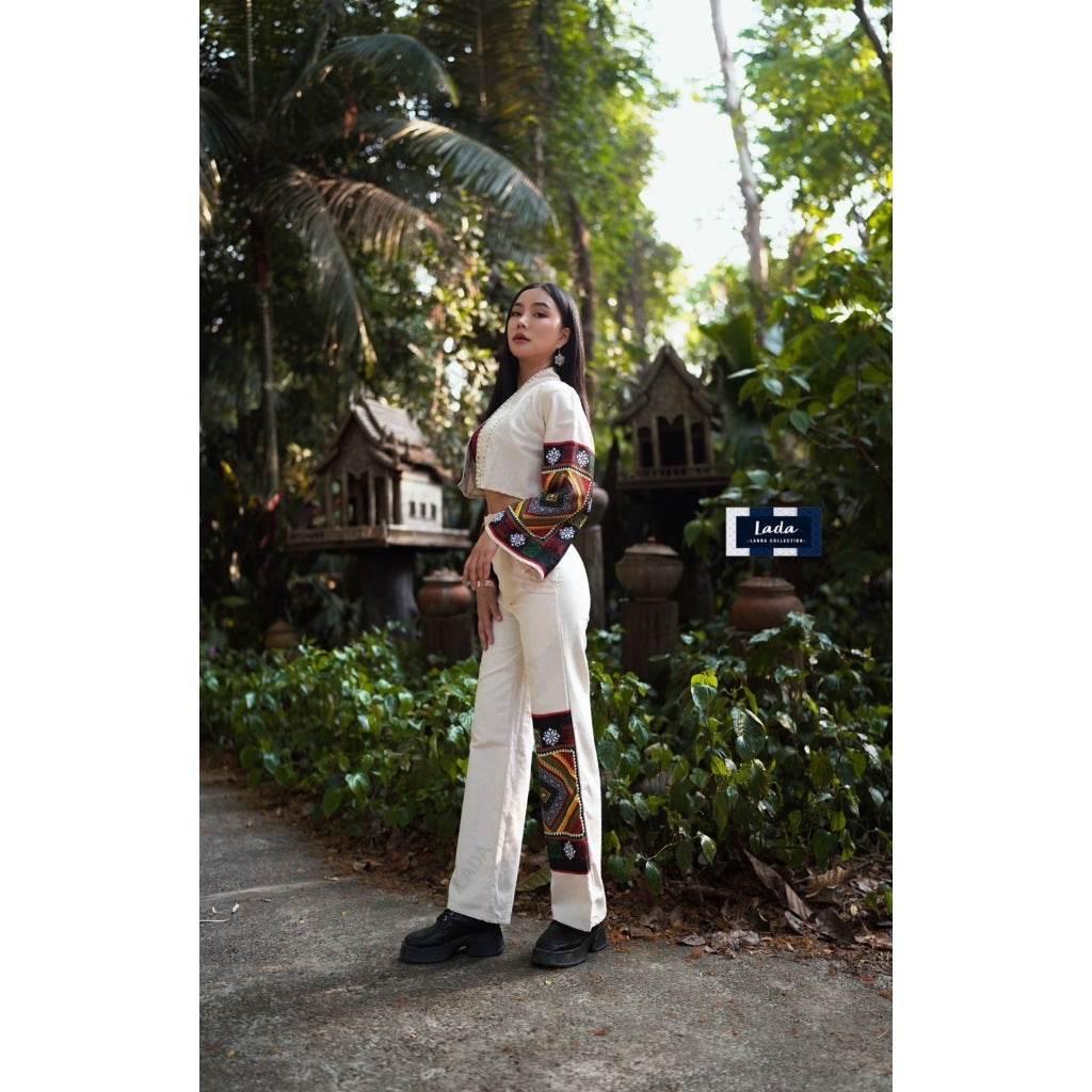 New Black Tie Print Poly Set - Stylish Wrap Top & Wide-Leg Pants in Cream & Black for Women's Daily Wear ครีม