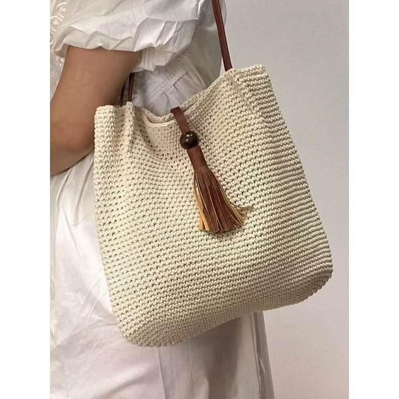 Korean Style Cotton Woven Shoulder Bag for Women - Handmade with Lining & Magnetic Closure, 30cm x 25cm white off