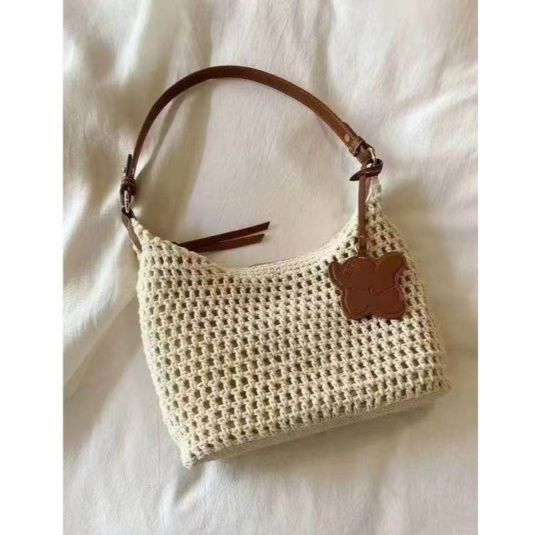 New Korean Crochet Cotton Rope Bag for Women – Handmade with Tassel Charm | Compact Crossbody Bag in 18x26cm Size One-Sake.com white off khaki white off-khaki-