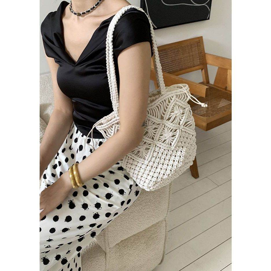 New Korean Style Handwoven Ladies Bag – Cotton Wicker Tote with Inner Pocket | Shoulder Size 28cm for Women One-Sake.com สีกากี สีขาวนวล สีกากี-สีขาวนวล-