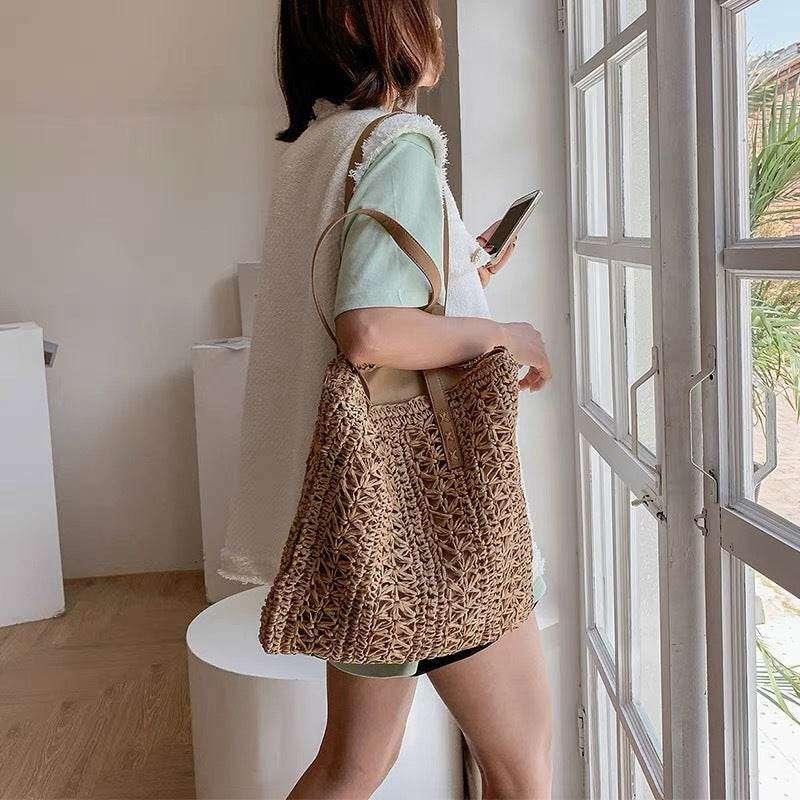 Korean Handwoven Tote Bag - Square Cotton Rope Shoulder Bag with 25cm Strap | 37cm Woven Basket Bag for Women
