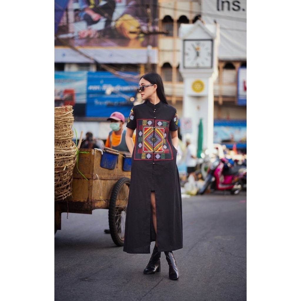 New Black Tai Dam Ethnic Long Wrap Coat – Polyester Trim Detail | Traditional Thai Cotton Outfit for Women – M &amp; XL Sizes One-Sake.com ดำ / อก32-36 ดำ / อก38-40 ดำ / อก32-36-ดำ / อก38-40-
