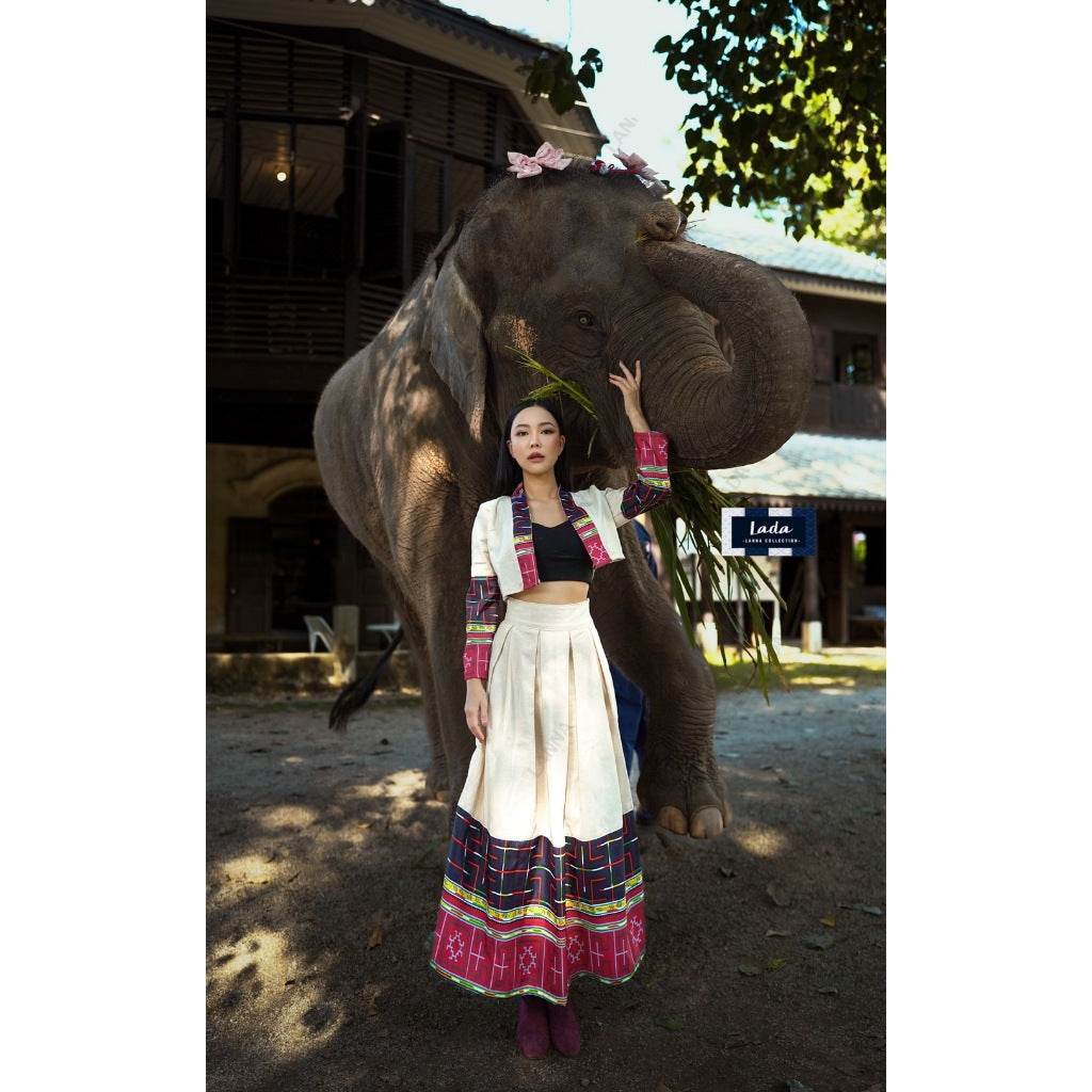Vietnamese Hmong Print Polyester Wrap Top &amp; Cotton Skirt Set – Cream &amp; Black | S–XL Sizes for Women One-Sake.com ครีม / L ครีม / S ครีม / M ครีม / S-ครีม / M-ครีม / L-ครีม / XL-ดำ / S-ดำ / M-ดำ / L-ดำ / XL-