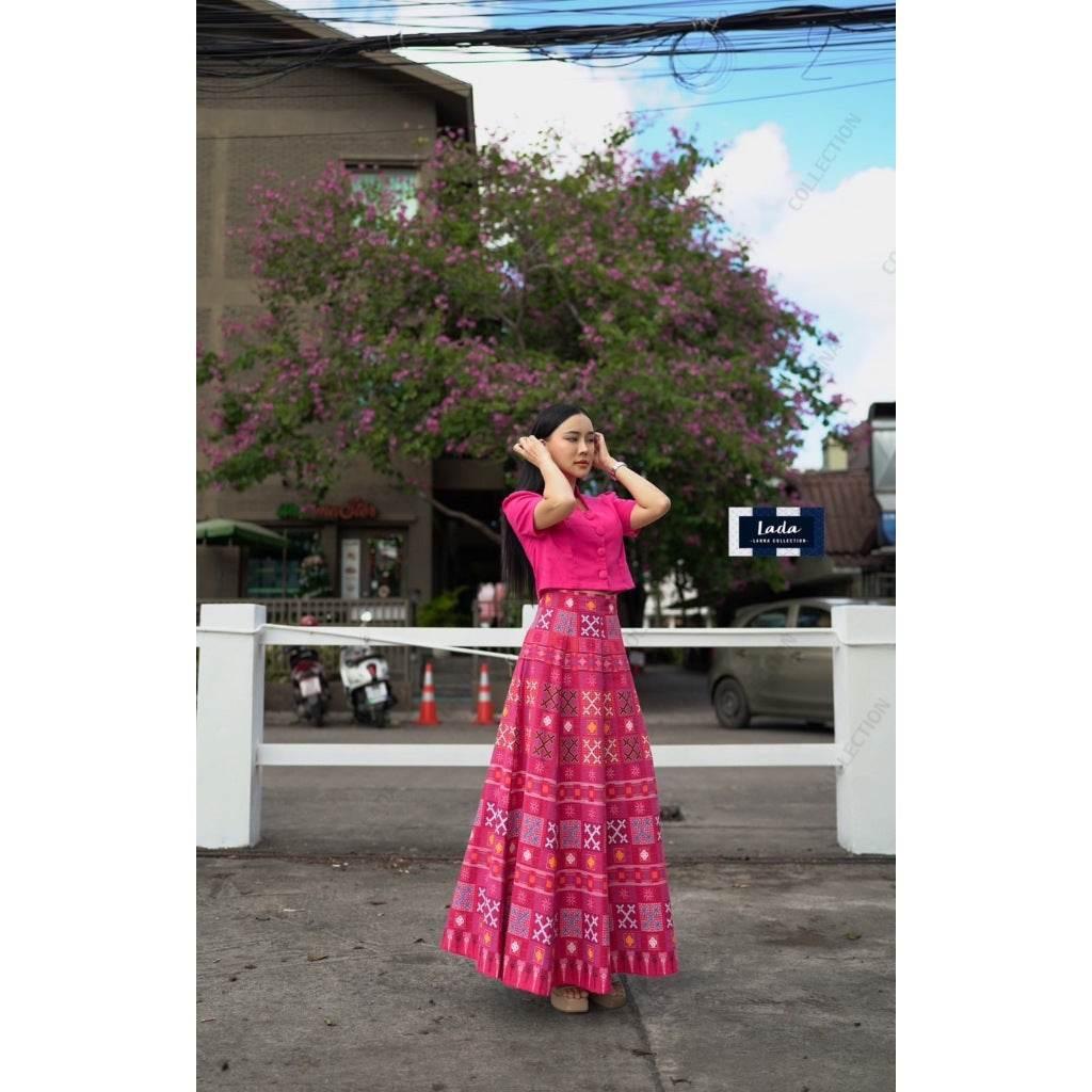 New Hmong-Inspired Cotton 2-Piece Set: Collar Short Sleeve Top & 6-Piece Pleated Skirt in Navy, Lilac & Red | Women’s Sizes S–XL