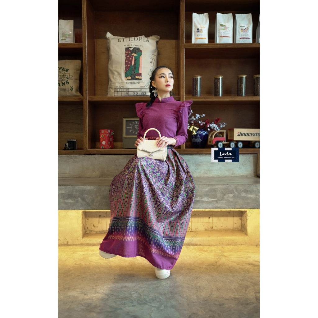 New Ancient Betel Nut Pattern 2-Piece Cotton Set – Wing Sleeve Top &amp; Pleated Skirt in 3 Colors | S–XL Sizes for Women One-Sake.com ม่วง / L ม่วง / S ม่วง / M ม่วง / S-ม่วง / M-ม่วง / L-ม่วง / XL-บานเย็น / S-บานเย็น / M-บานเย็น / L-บานเย็น / XL-แดงไวน์ / S-แดงไวน์ / M-แดงไวน์ / L-แดงไวน์ / XL-