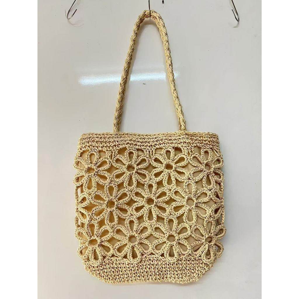 Handwoven Floral Mini Tote Bag for Women – Cotton Rope &amp; Natural Material | 30cm Shoulder Bag with Style &amp; Craftsmanship One-Sake.com khaki white off khaki-white off-