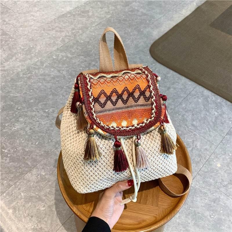 Unique Handwoven Crossbody Backpack for Women with Colorful Tassels - Natural Cotton Rope, 33x22cm, Adjustable Strap 1