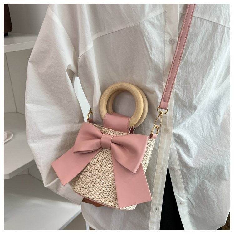 Wooden Handle Bow Shape Handwoven Bag – Perfect for Check-Ins &amp; Photos | Cotton Rope Crossbody Bag with Adjustable Strap One-Sake.com green khaki white khaki-white-green-pink-