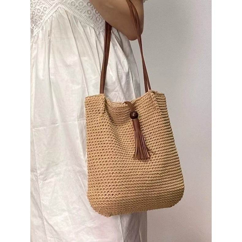 Korean Style Cotton Woven Shoulder Bag for Women – Handmade with Lining &amp; Magnetic Closure | Approx. 30cm x 25cm One-Sake.com khaki white off khaki-white off-