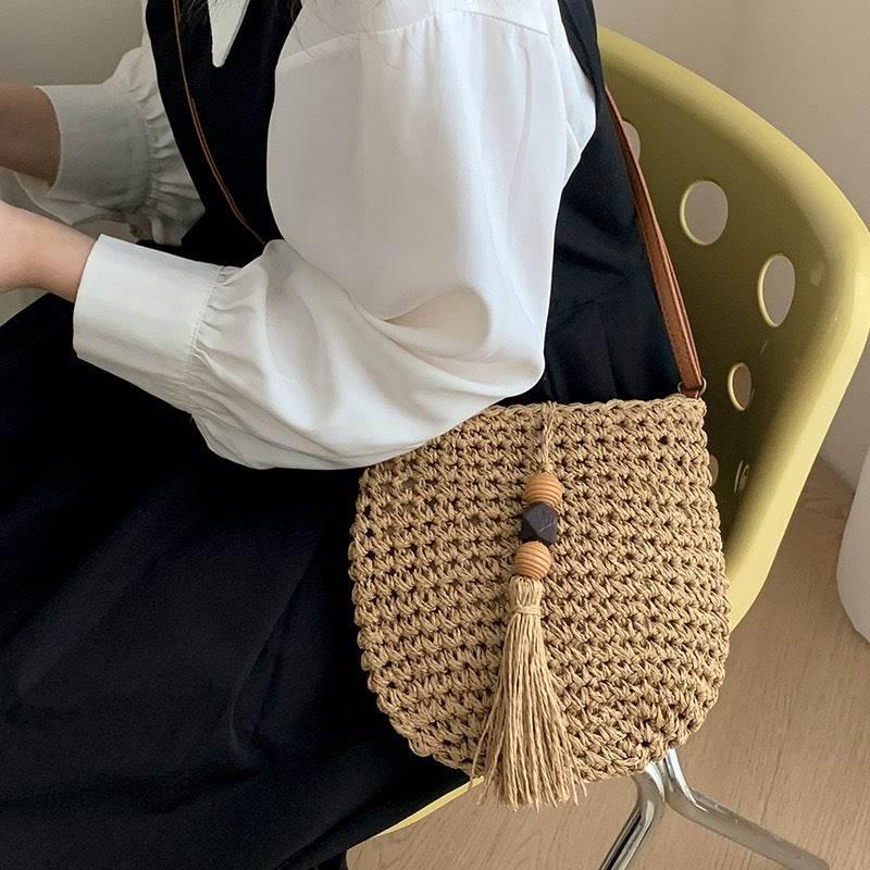 New Retro Tassel Woven Crossbody Bag for Women - Vintage Cotton Rope Shoulder Bag with Leather Strap & Zip Closure, 25cm Width