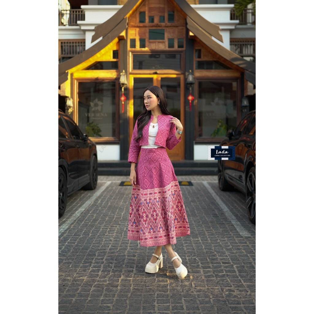 New Arrival: Cotton Wrap Blouse &amp; Skirt Set with Khit Print &amp; Short Hem | Traditional Lanna Style in 2 Colors One-Sake.com ชมพู / L ชมพู / S ชมพู / M ชมพู / S-ชมพู / M-ชมพู / L-ชมพู / XL-เหลือง / S-เหลือง / M-เหลือง / L-เหลือง / XL-