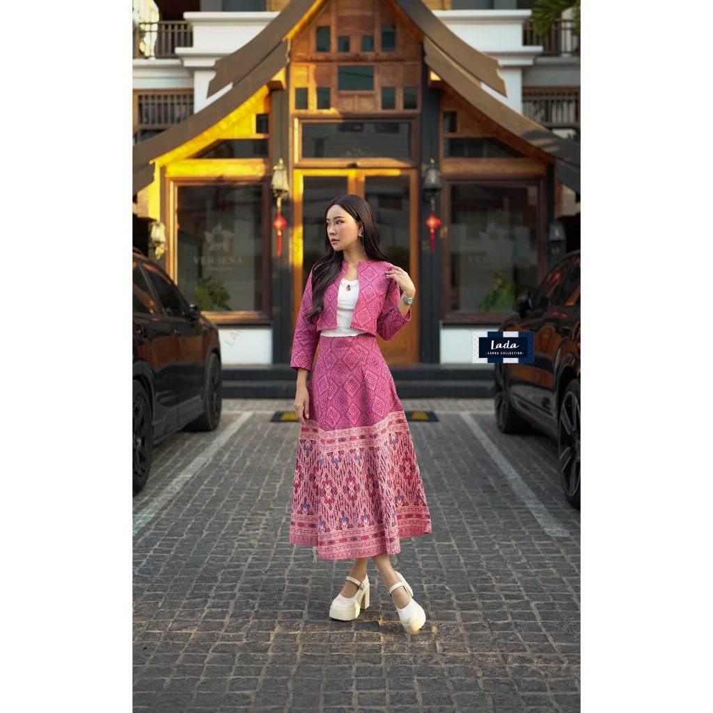 New Arrival Cotton Wrap Blouse and Skirt Set with Khit Print - Traditional Lanna Style Available in 2 Colors