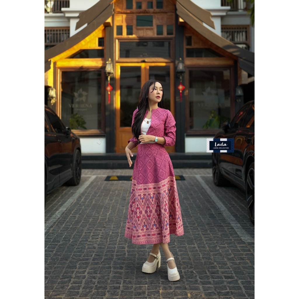 New Arrival: Cotton Wrap Blouse &amp; Skirt Set with Khit Print &amp; Short Hem | Traditional Lanna Style in 2 Colors One-Sake.com ชมพู / L ชมพู / S ชมพู / M ชมพู / S-ชมพู / M-ชมพู / L-ชมพู / XL-เหลือง / S-เหลือง / M-เหลือง / L-เหลือง / XL-
