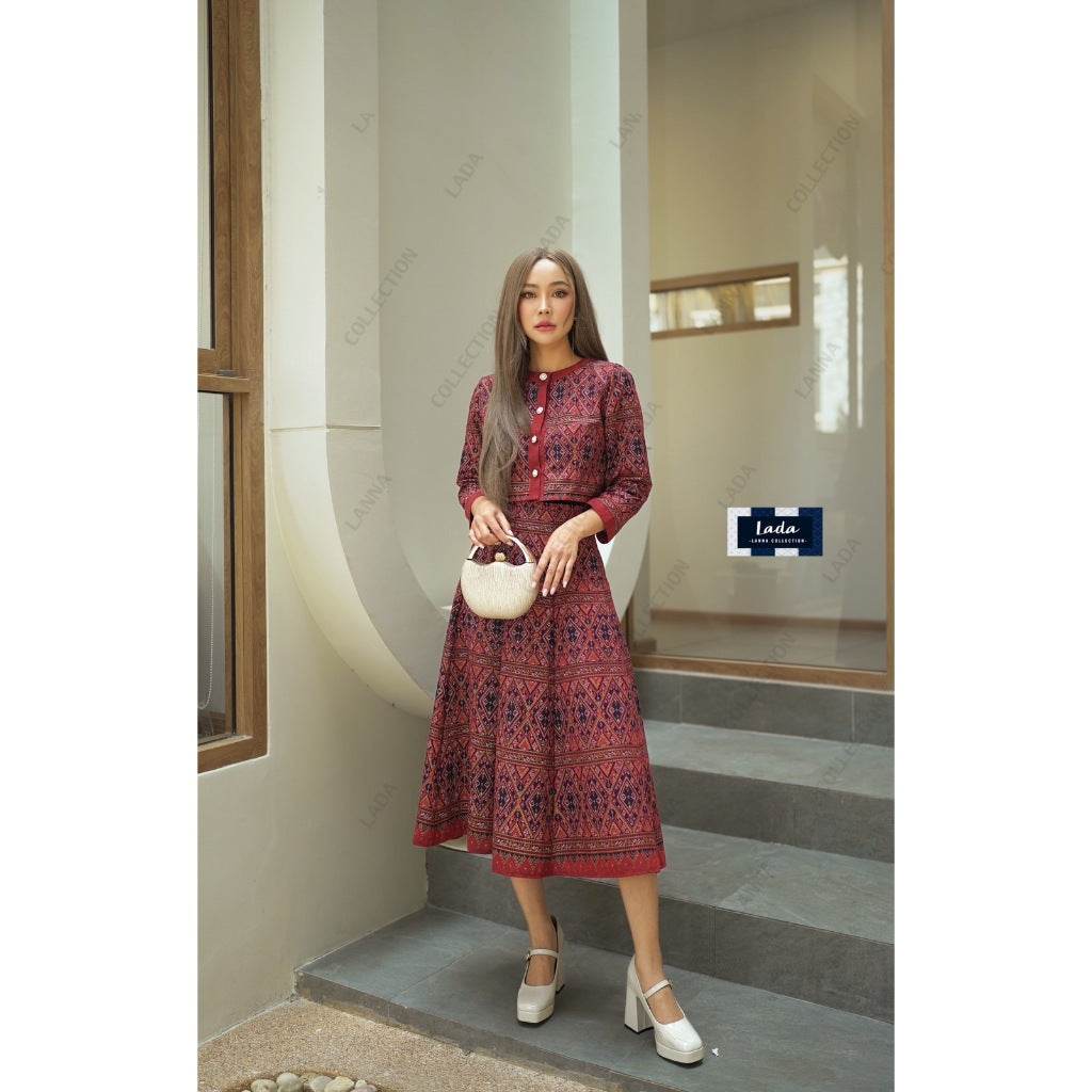 Elegant Long Sleeve Wrap Top &amp; 8-Piece Pleated Skirt Set – Vintage Praewa Pattern in 3 Colors | Cotton Outfit for Women S–XL One-Sake.com แดง / L แดง / S แดง / M แดง / S-แดง / M-แดง / L-แดง / XL-นำเงิน / S-นำเงิน / M-นำเงิน / L-นำเงิน / XL-กรม / S-กรม / M-กรม / L-กรม / XL-