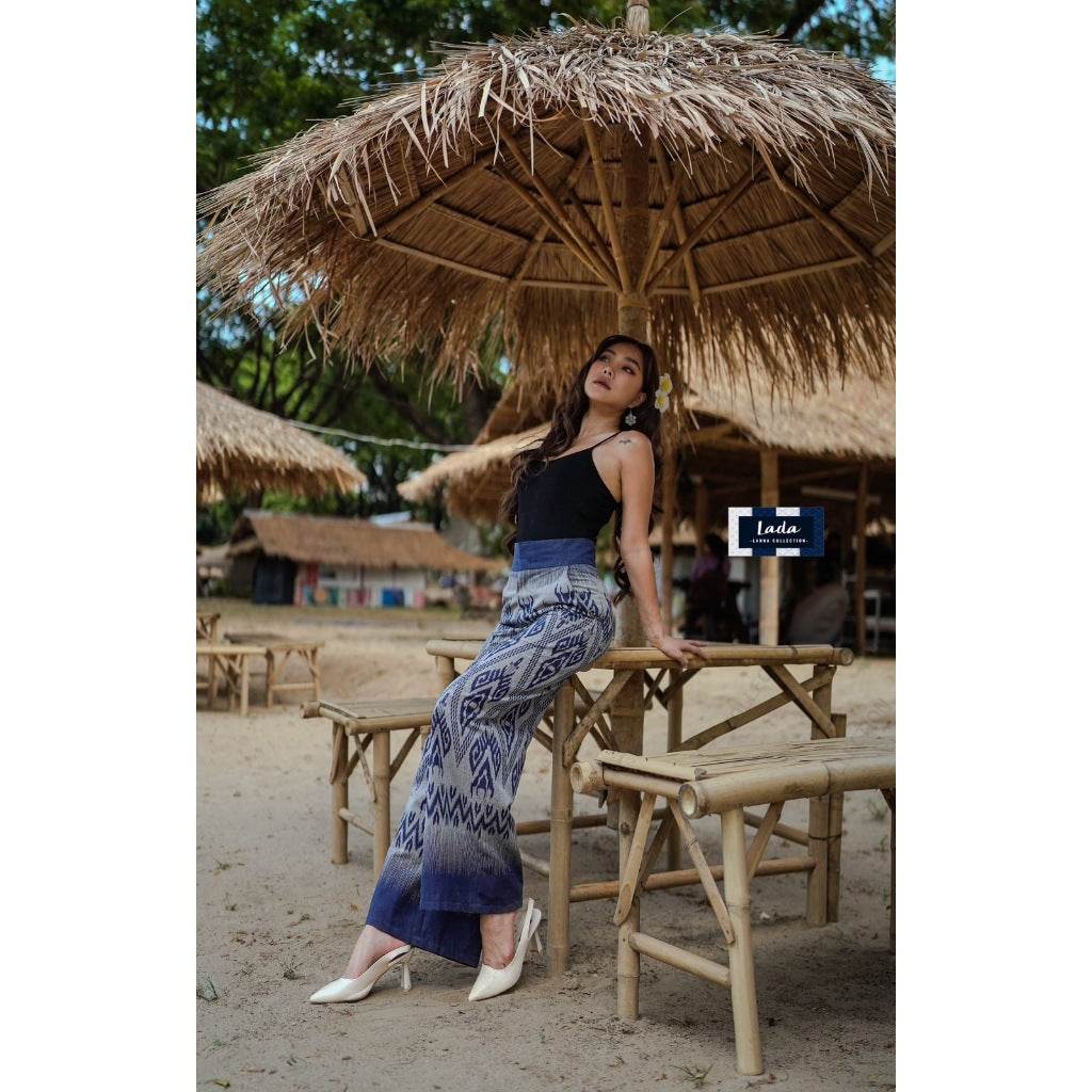 High-Waisted Thai Print Cotton Pants – Slim Fit Trousers with Side Pockets | 39” Length in S–XL Sizes One-Sake.com L S M S-M-L-XL-