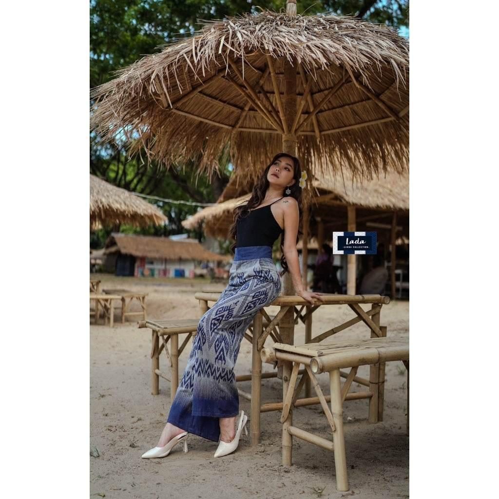 High-Waisted Thai Print Cotton Pants - Slim Fit Trousers with Side Pockets, 39" Length, Available in S–XL Sizes