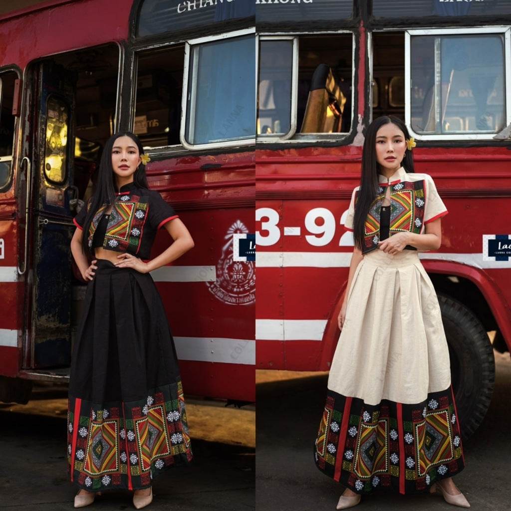 New Black Thai Pattern Cotton Set – Mandarin Collar Top &amp; Skirt in Cream &amp; Black | S–XL Sizes for Women One-Sake.com ดำ / L ดำ / S ดำ / M ดำ / S-ดำ / M-ดำ / L-ดำ / XL-ครีม / S-ครีม / M-ครีม / L-ครีม / XL-