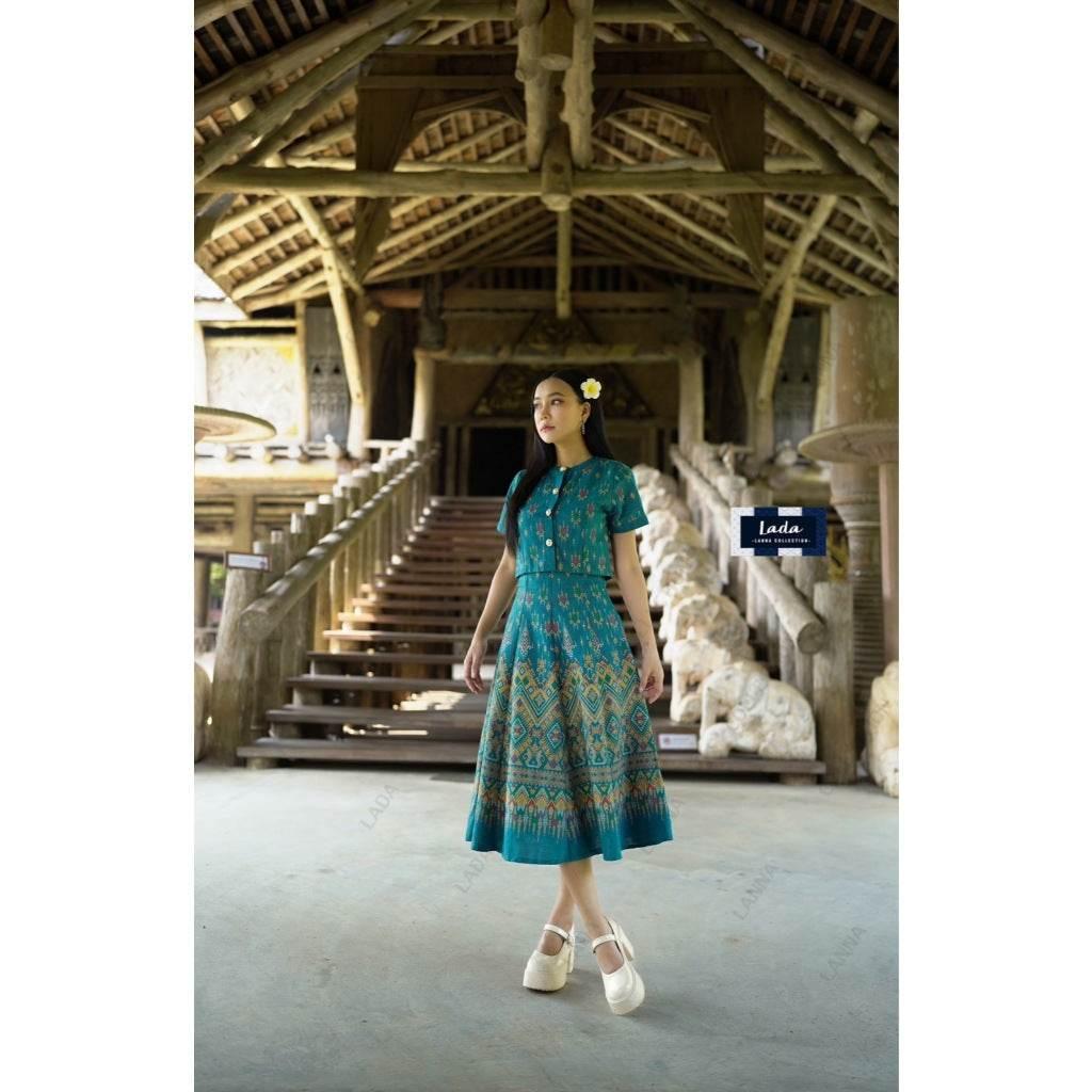 New Crop Top and Skirt Set with Pearl Buttons - 8-Piece Praewa Print Green Cotton Outfit for Women in S–XL Sizes