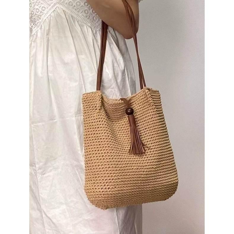 Korean Style Cotton Woven Shoulder Bag for Women - Handmade with Lining & Magnetic Closure, 30cm x 25cm khaki