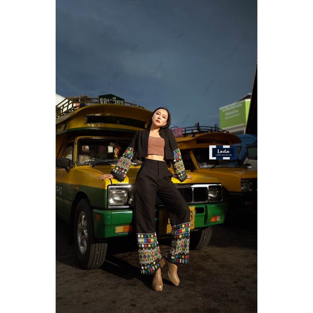 New Arrival: Mien Tribal Print Poly Wrap Blouse &amp; High Waist Pants Set | Stylish Thai-Inspired Outfit for Women One-Sake.com L S M S-M-L-XL-
