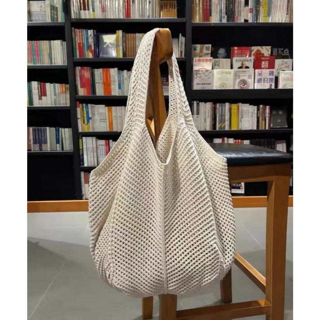 New Korean Style Handwoven Tote Bag – Large Cotton Shoulder Bag with 25cm Strap | Handmade Crafted Design for Women One-Sake.com yellow white off khaki white off-khaki-yellow-