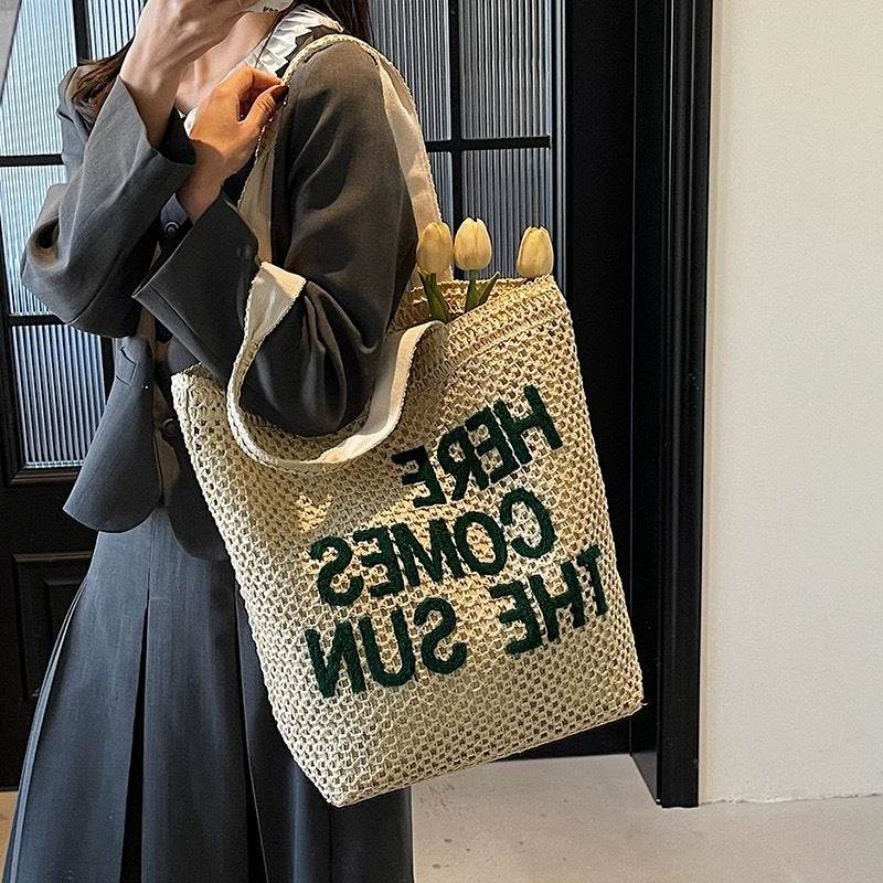 Large Handwoven English Letter Tote Bag for Women – Spacious Cotton Rope &amp; Natural Fiber Shoulder Bag | 39cm x 41cm Travel &amp; Daily Use One-Sake.com green khaki white off khaki-white off-green-
