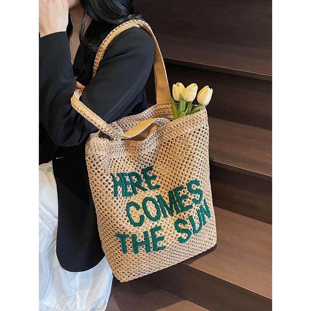 Large Handwoven English Letter Tote Bag for Women – Spacious Cotton Rope &amp; Natural Fiber Shoulder Bag | 39cm x 41cm Travel &amp; Daily Use One-Sake.com green khaki white off khaki-white off-green-