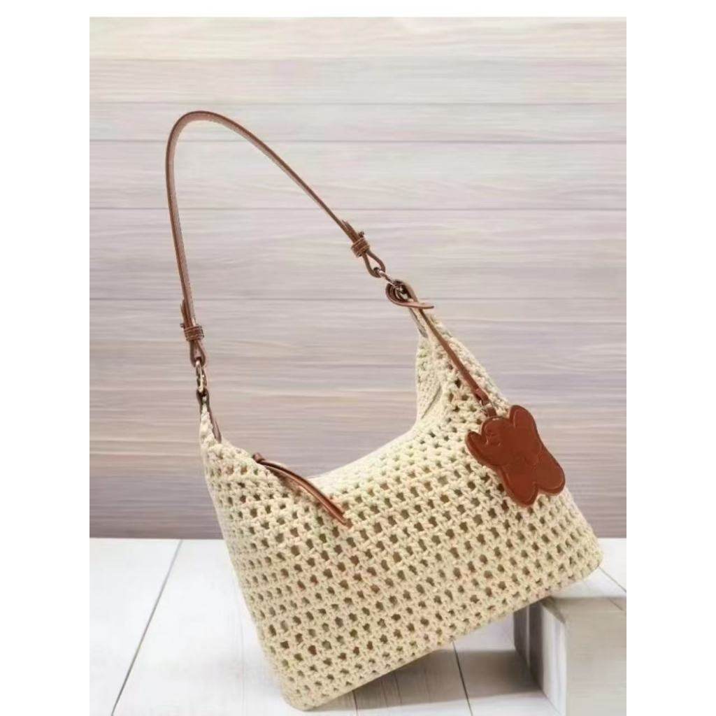 New Korean Crochet Cotton Rope Bag for Women – Handmade with Tassel Charm | Compact Crossbody Bag in 18x26cm Size One-Sake.com white off khaki white off-khaki-