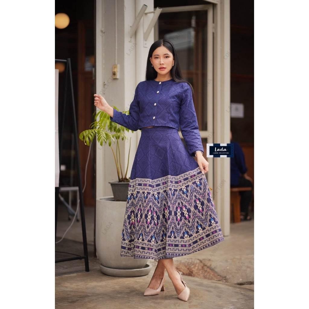 New Arrival Cropped Wrap Blouse and Skirt Set | 6-Piece Khit Print Cotton Outfit in 3 Colors กรม