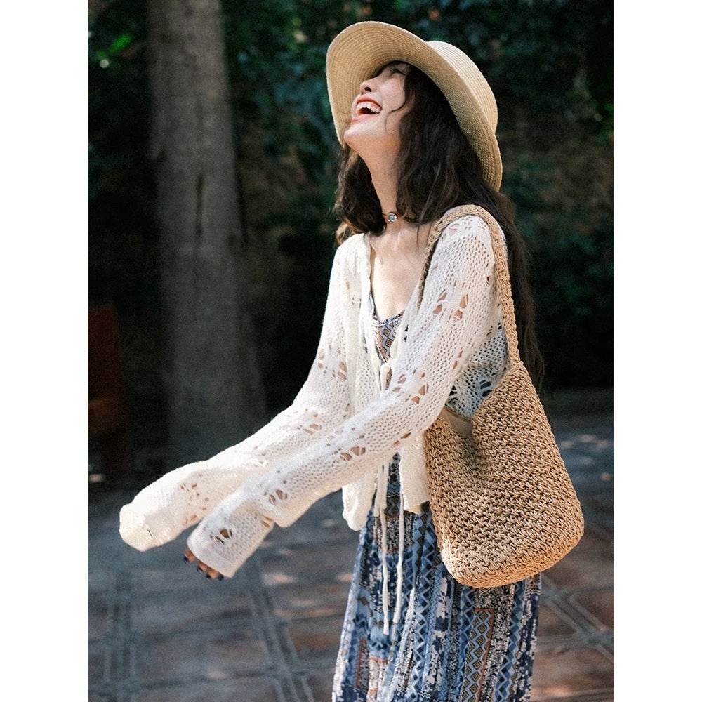 New Korean Style Handwoven Shoulder Bag – Compact Cotton Rope Tote with 35cm Strap | 28cm Width Woven Basket Bag for Daily Wear One-Sake.com สีกากี สีขาวนวล สีกากี-สีขาวนวล-