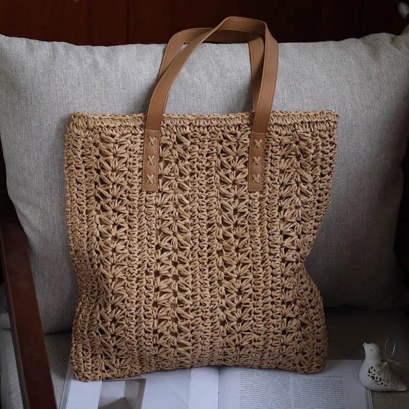 Korean Style Square Handwoven Bag – Cotton Rope Shoulder Tote with 25cm Strap | 37cm Width Woven Basket Bag for Women One-Sake.com สีน้ำตาล สีขาวนวล สีกากี สีขาวนวล-สีกากี-สีน้ำตาล-
