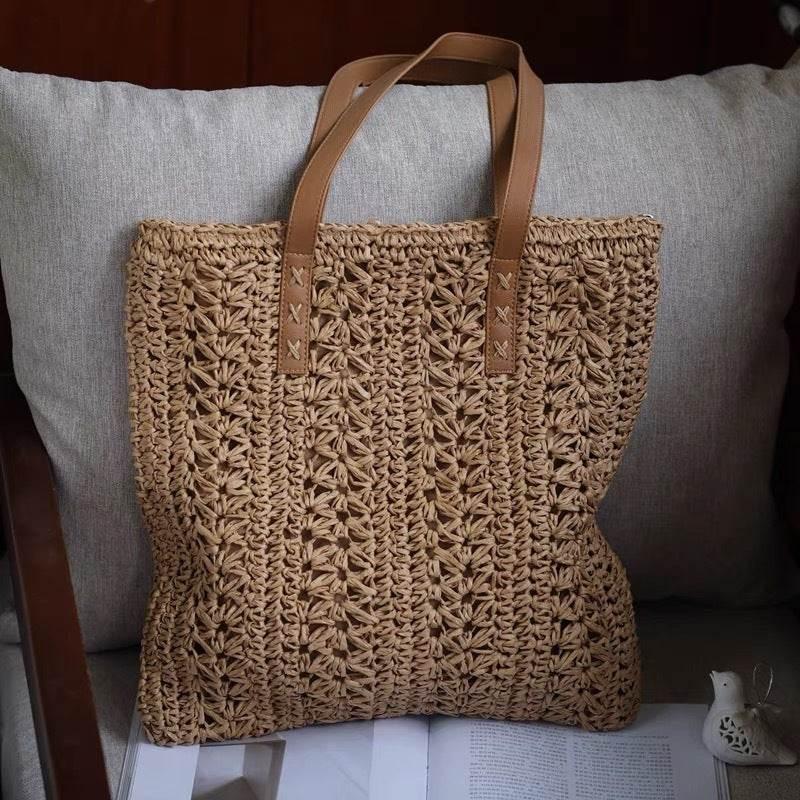 Korean Handwoven Tote Bag - Square Cotton Rope Shoulder Bag with 25cm Strap | 37cm Woven Basket Bag for Women สีกากี