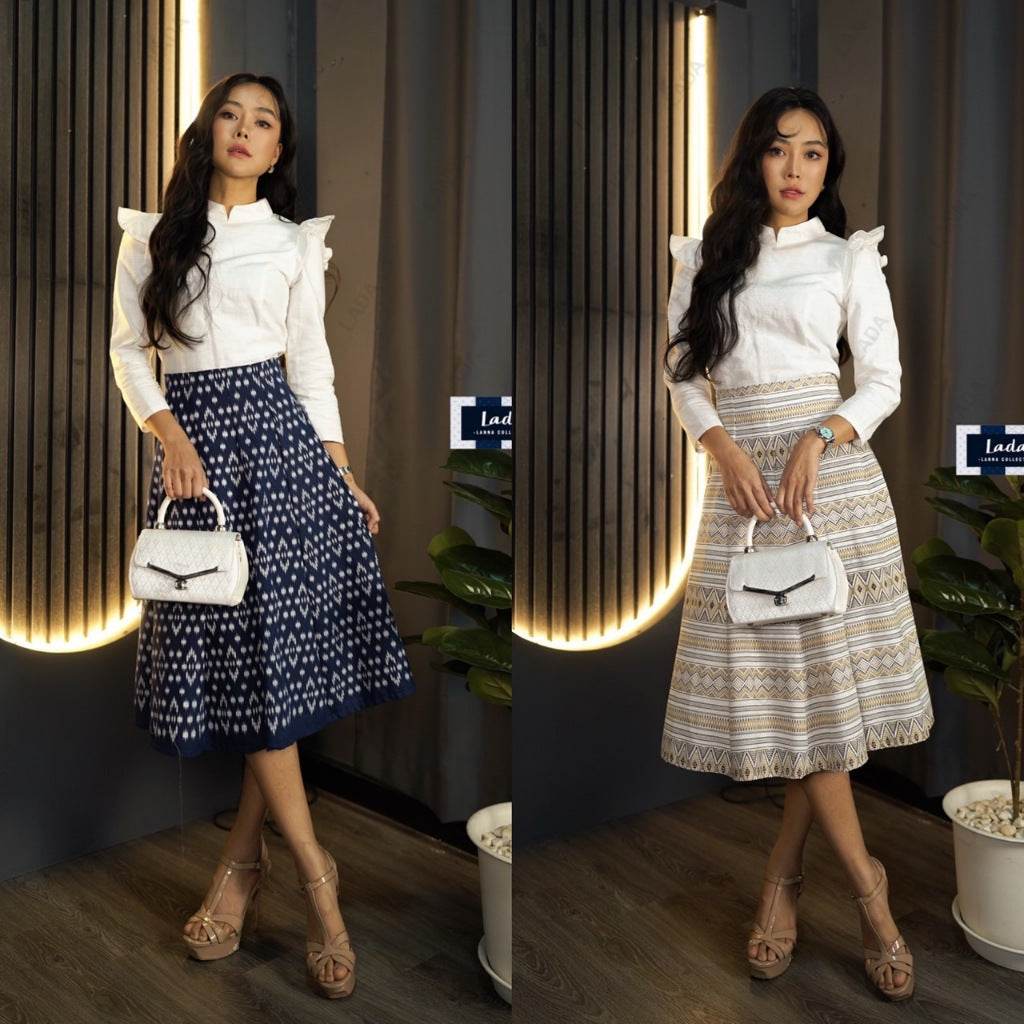 Thai Wing Sleeve Blouse & 10-Piece Floral Skirt Set – Navy & White Temple Print | Cotton Outfit for Women One-Sake.com ดอกแก้วสีกรม / L ดอกแก้วสีกรม / S ดอกแก้วสีกรม / M ดอกแก้วสีกรม / S-ดอกแก้วสีกรม / M-ดอกแก้วสีกรม / L-ดอกแก้วสีกรม / XL-ไปวัดสีขาว / S-ไปวัดสีขาว / M-ไปวัดสีขาว / L-ไปวัดสีขาว / XL-