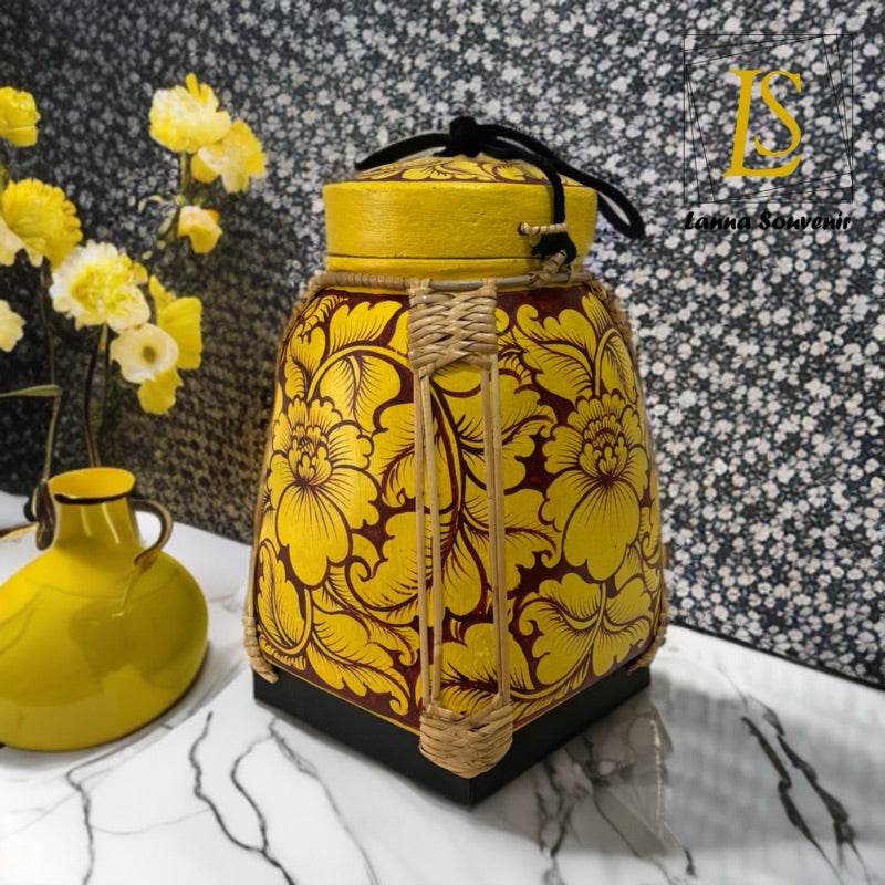 Lanna style bamboo storage box with intricate yellow floral design for home kitchen use