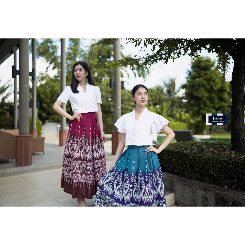 New Arrival: Twin Naga Print Cotton Blouse &amp; Skirt Set | High Waist Pleated Skirt with Thai Folklore Design One-Sake.com คอปีนแขนสั้นบานเย็น / L คอปีนแขนสั้นบานเย็น / S คอปีนแขนสั้นบานเย็น / M คอปีนแขนสั้นบานเย็น / S-คอปีนแขนสั้นบานเย็น / M-คอปีนแขนสั้นบานเย็น / L-คอปีนแขนสั้นบานเย็น / XL-คอปีนแขนสั้นฟ้าทะเล / S-คอปีนแขนสั้นฟ้าทะเล / M-คอปีนแขนสั้นฟ้าทะเล / L-คอปีนแขนสั้นฟ้าทะเล / XL-