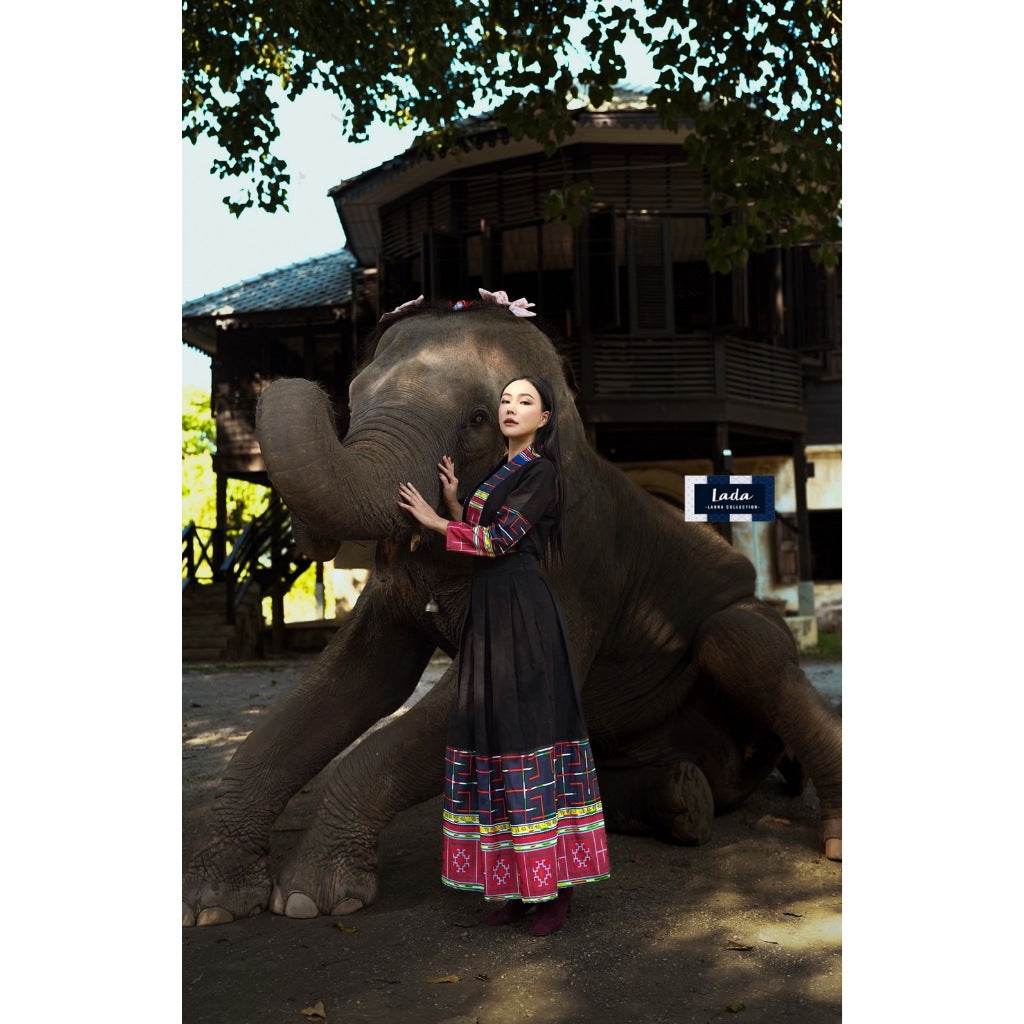 Vietnamese Hmong Print Polyester Wrap Top &amp; Cotton Skirt Set – Cream &amp; Black | S–XL Sizes for Women One-Sake.com ครีม / L ครีม / S ครีม / M ครีม / S-ครีม / M-ครีม / L-ครีม / XL-ดำ / S-ดำ / M-ดำ / L-ดำ / XL-