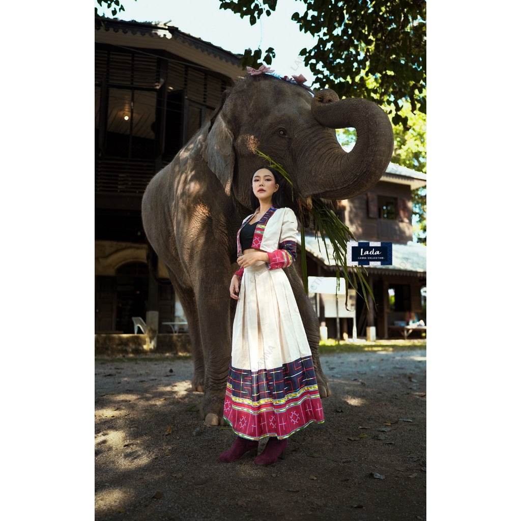 Vietnamese Hmong Print Polyester Wrap Top &amp; Cotton Skirt Set – Cream &amp; Black | S–XL Sizes for Women One-Sake.com ครีม / L ครีม / S ครีม / M ครีม / S-ครีม / M-ครีม / L-ครีม / XL-ดำ / S-ดำ / M-ดำ / L-ดำ / XL-