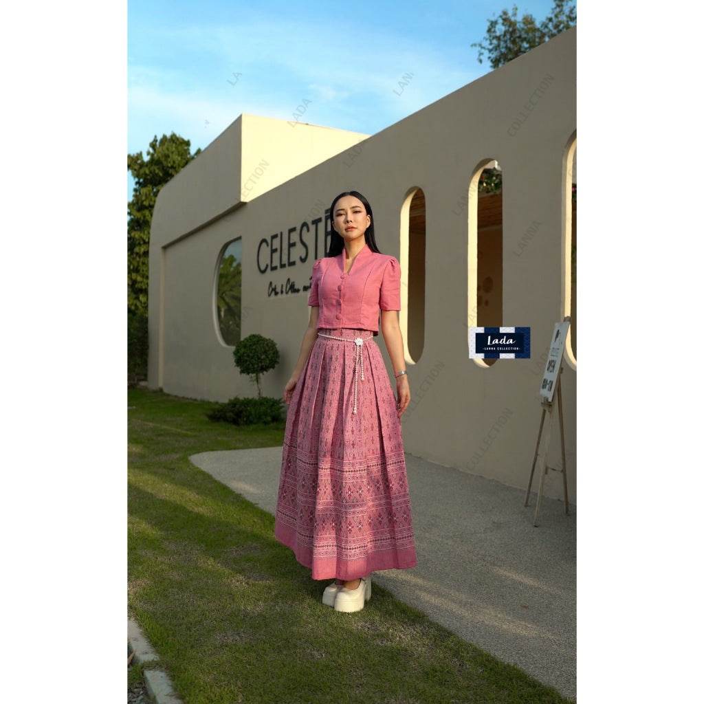 New Pink Piku Flower Print Skirt with 2 Top Styles – Cotton 2-Piece Set | S–XL Sizes for Women One-Sake.com คอปีนแขนสั้น / L คอปีนแขนสั้น / S คอปีนแขนสั้น / M คอปีนแขนสั้น / S-คอปีนแขนสั้น / M-คอปีนแขนสั้น / L-คอปีนแขนสั้น / XL-ครอปจิตรลดาระบายเล็ก / S-ครอปจิตรลดาระบายเล็ก / M-ครอปจิตรลดาระบายเล็ก / L-ครอปจิตรลดาระบายเล็ก / XL-
