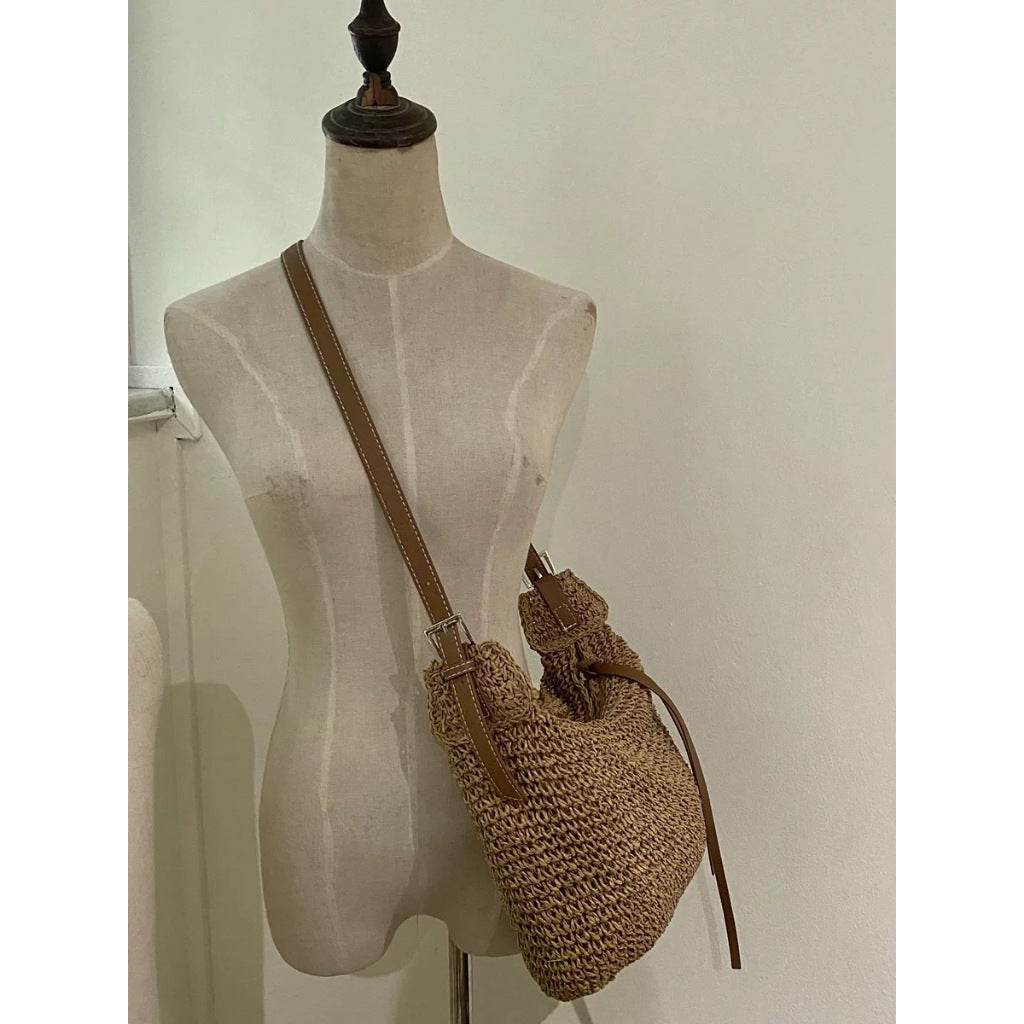Korean Style Handwoven Cotton Tote Bag – Adjustable Long Strap &amp; Lining | Approx. 21cm x 30cm with 60cm Strap One-Sake.com khaki white off khaki-white off-