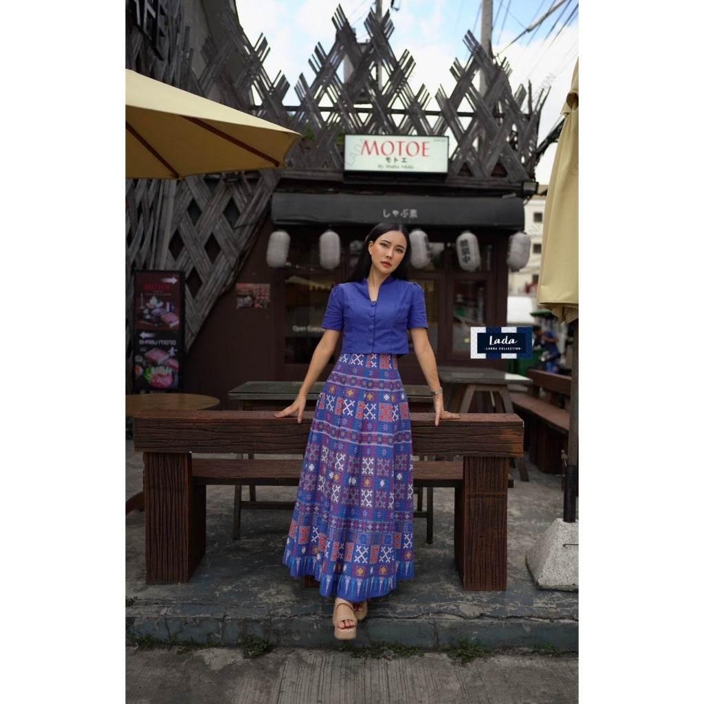 New Hmong-Inspired Cotton 2-Piece Set: Collar Short Sleeve Top & 6-Piece Pleated Skirt in Navy, Lilac & Red | Women’s Sizes S–XL