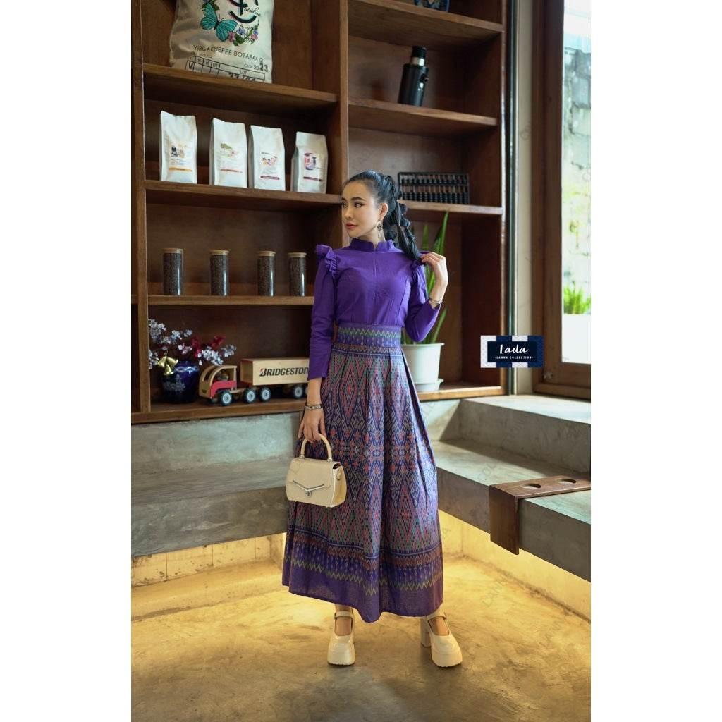 New Ancient Betel Nut Cotton Set - Wing Sleeve Top & Pleated Skirt in 3 Colors | Sizes S–XL for Women ม่วง