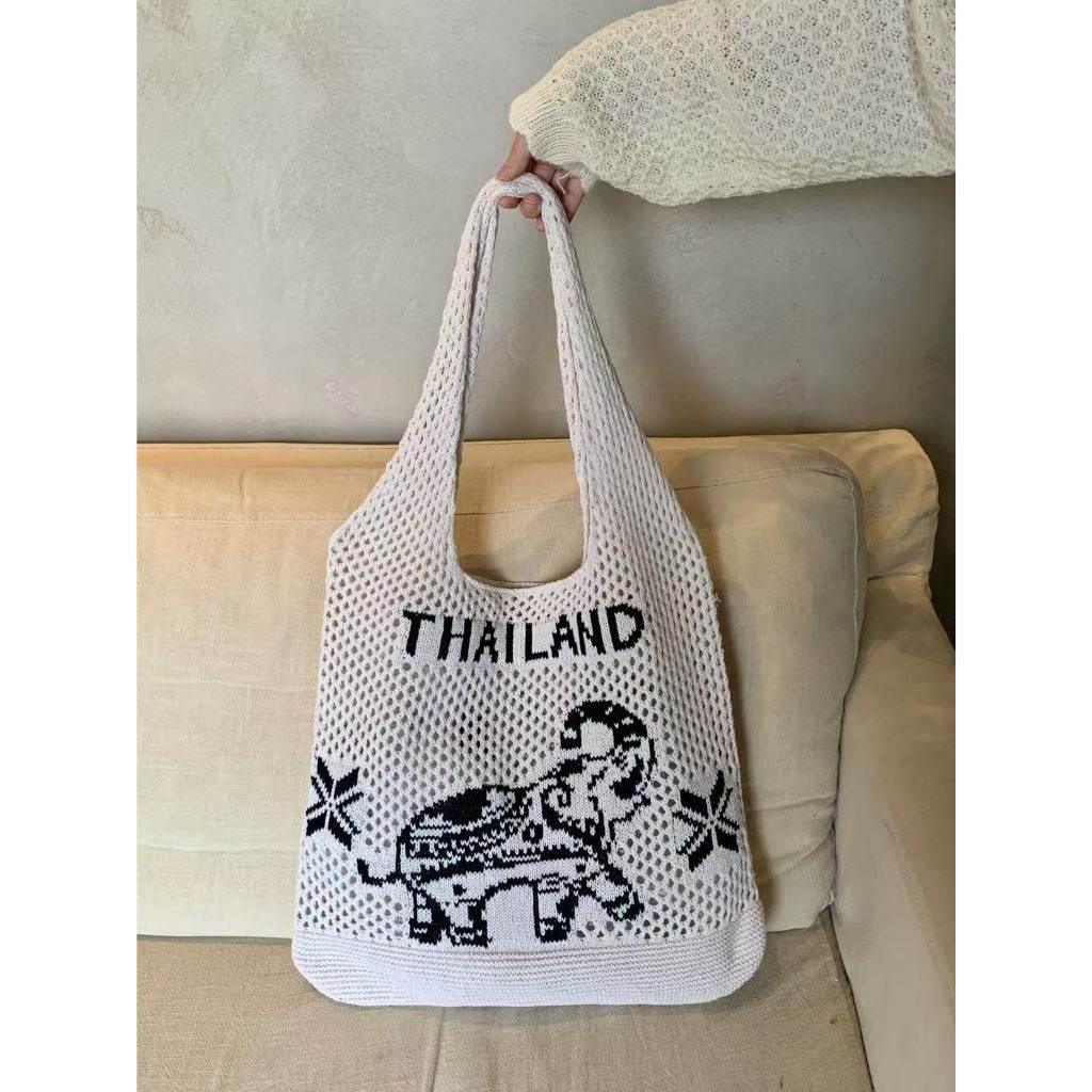 Elephant Pattern Shoulder Bag - Handmade Cotton Rope Tote for Women | 38cm x 40cm with 30cm Strap white off